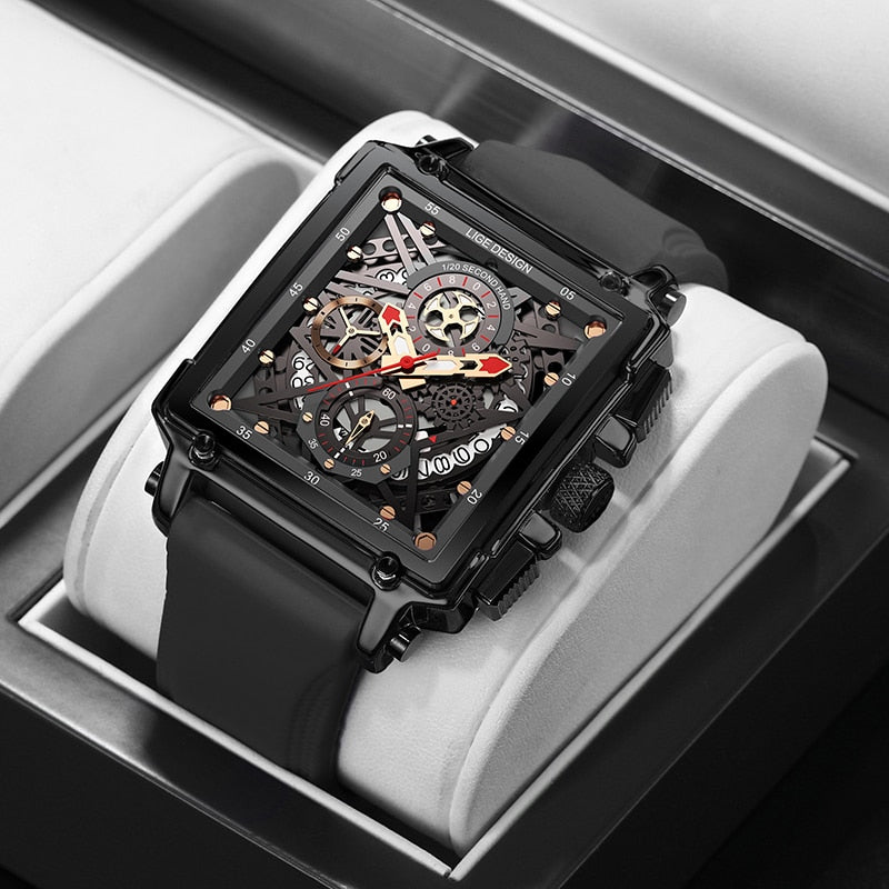 New LIGE Top Brand Luxury Hollow Square Sport Watch