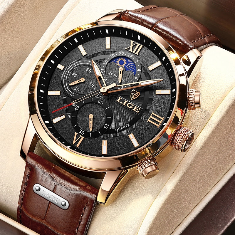 LIGE  Luxury Men Wrist Watch Leather  Waterproof