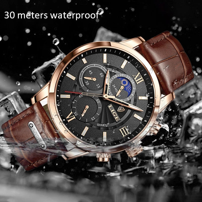 LIGE  Luxury Men Wrist Watch Leather  Waterproof