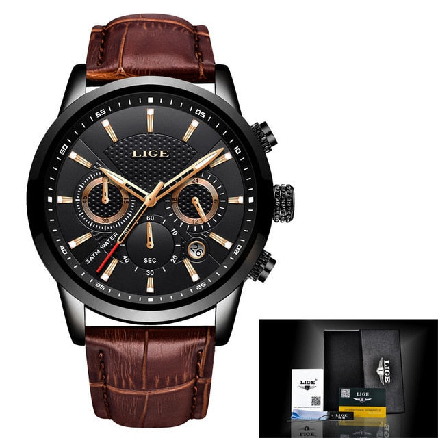 LIGE  Luxury Men Wrist Watch Leather  Waterproof