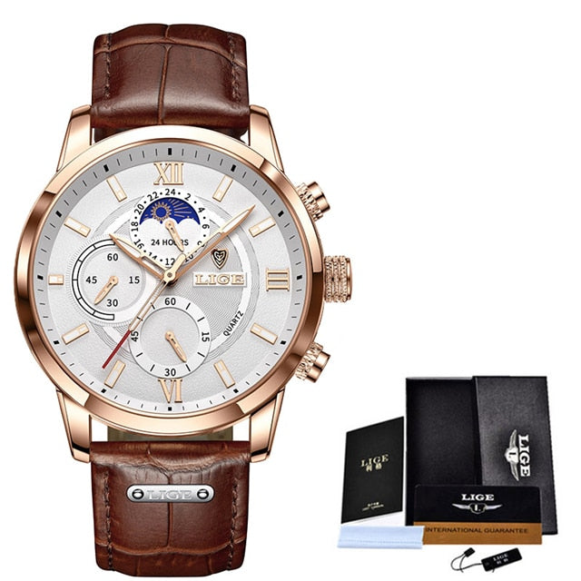 LIGE  Luxury Men Wrist Watch Leather  Waterproof