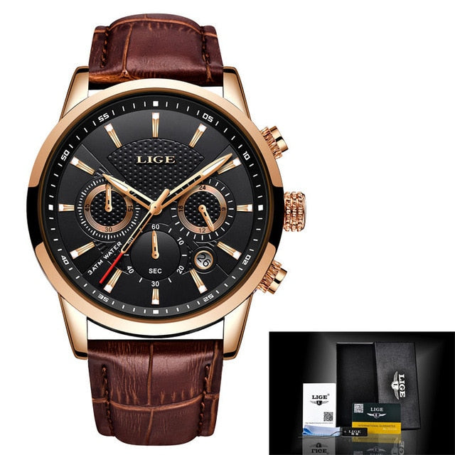 LIGE  Luxury Men Wrist Watch Leather  Waterproof