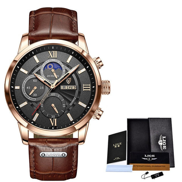 LIGE  Luxury Men Wrist Watch Leather  Waterproof