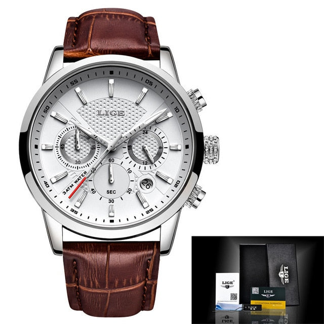 LIGE  Luxury Men Wrist Watch Leather  Waterproof