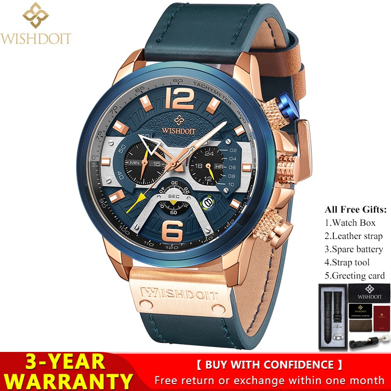 WISHDOIT Watch for Men Waterproof Sports Chronograph Square  Leather Wristwatches