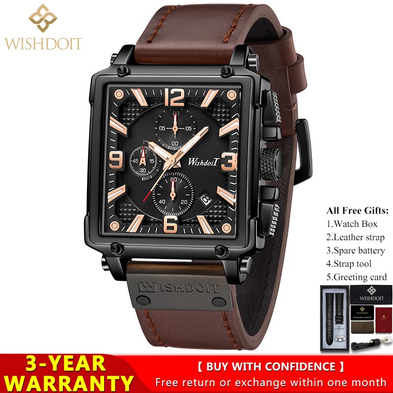 WISHDOIT Watch for Men Waterproof Sports Chronograph Square  Leather Wristwatches