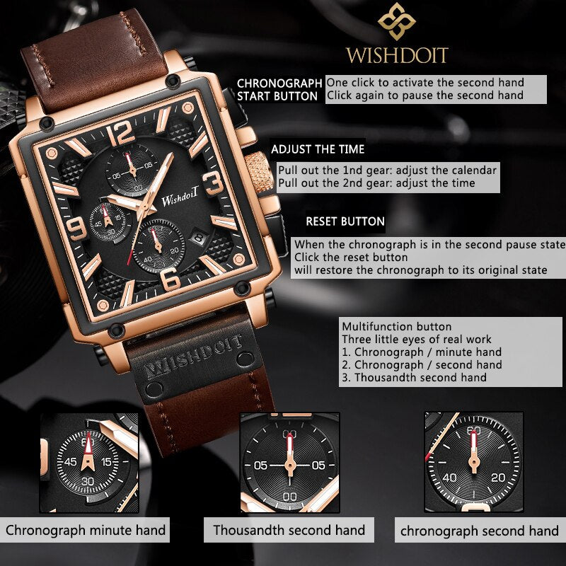 WISHDOIT Watch for Men Waterproof Sports Chronograph Square  Leather Wristwatches