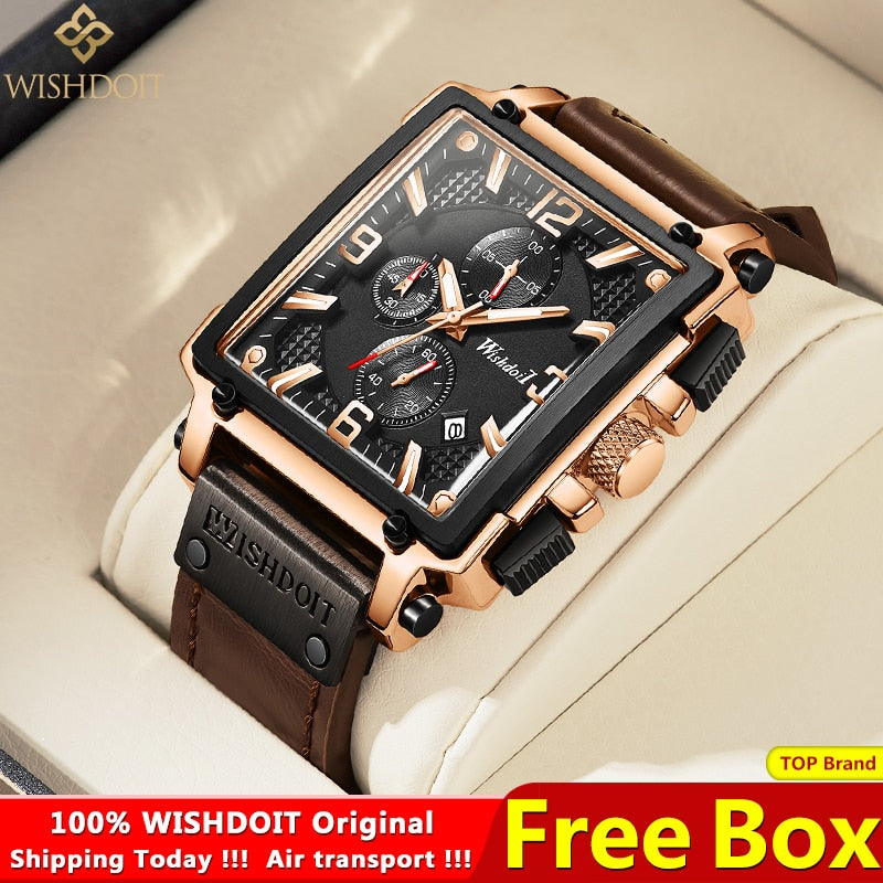 WISHDOIT Watch for Men Waterproof Sports Chronograph Square  Leather Wristwatches