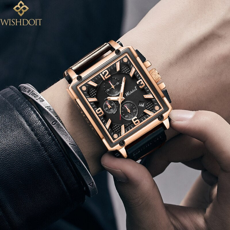 WISHDOIT Watch for Men Waterproof Sports Chronograph Square  Leather Wristwatches