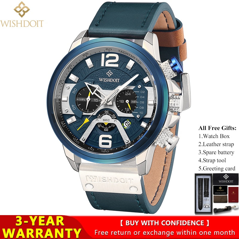 WISHDOIT Watch for Men Waterproof Sports Chronograph Square  Leather Wristwatches