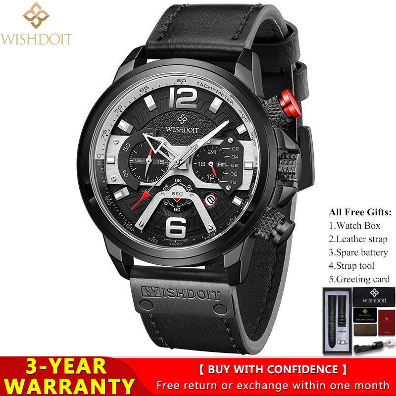 WISHDOIT Watch for Men Waterproof Sports Chronograph Square  Leather Wristwatches