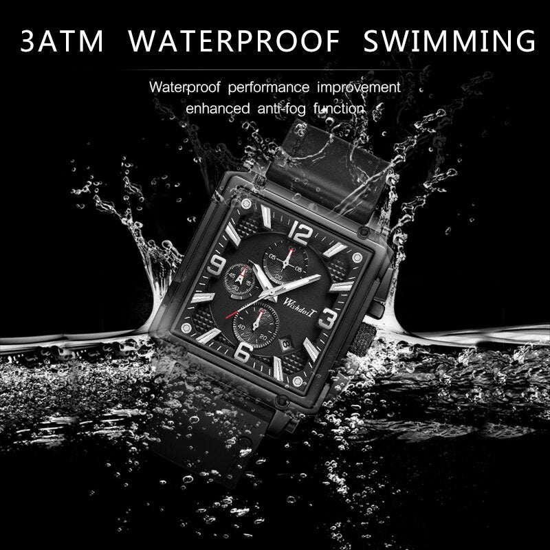 WISHDOIT Watch for Men Waterproof Sports Chronograph Square  Leather Wristwatches