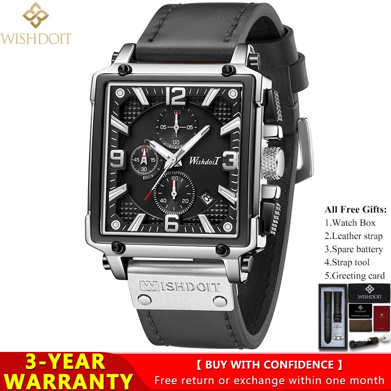 WISHDOIT Watch for Men Waterproof Sports Chronograph Square  Leather Wristwatches