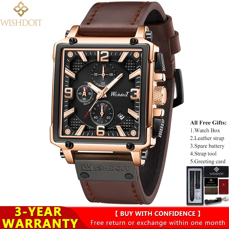 WISHDOIT Watch for Men Waterproof Sports Chronograph Square  Leather Wristwatches