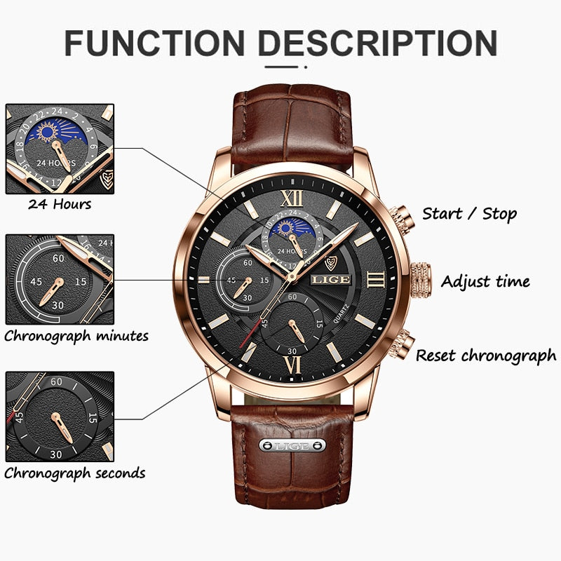 LIGE  Luxury Men Wrist Watch Leather  Waterproof