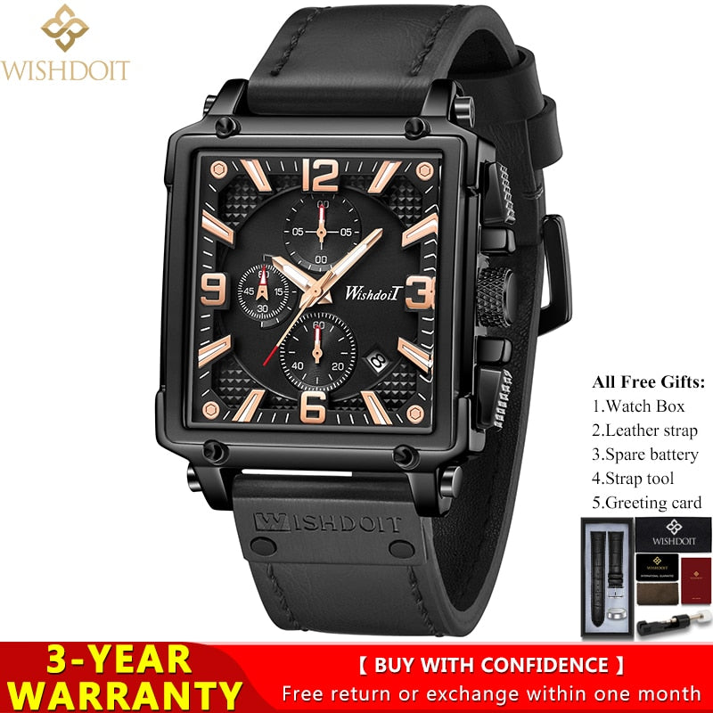 WISHDOIT Watch for Men Waterproof Sports Chronograph Square  Leather Wristwatches