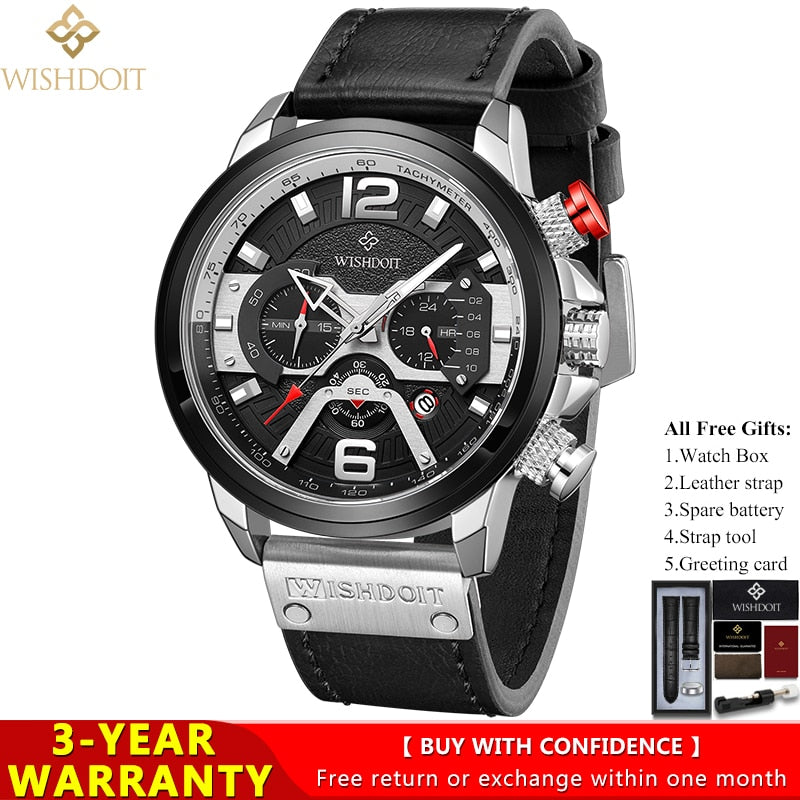 WISHDOIT Watch for Men Waterproof Sports Chronograph Square  Leather Wristwatches